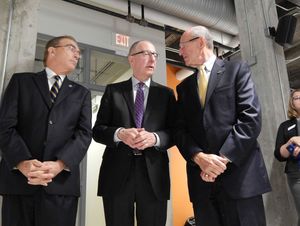 Three Presidents: IC President Tom Rochon, Cornell President David Skorton, and TC3 President Carl Haynes at the opening of Rev, the downtown Ithaca business incubator.
