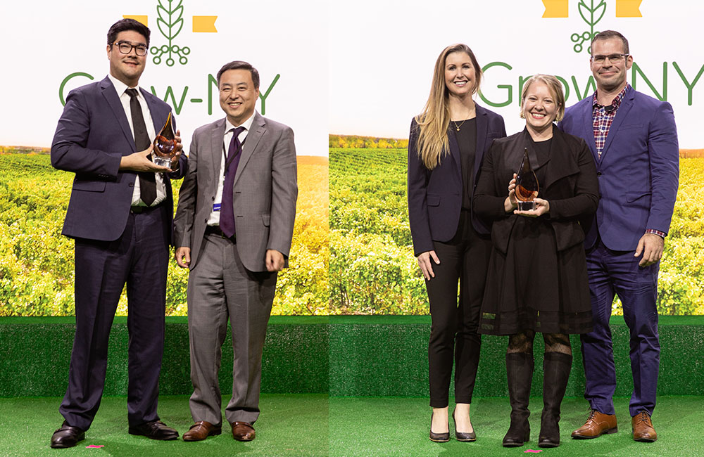Grow-NY winners, Capro-X and Combplex, pose on stage at the inaugural Grow-NY Food & Agriculture Summit.