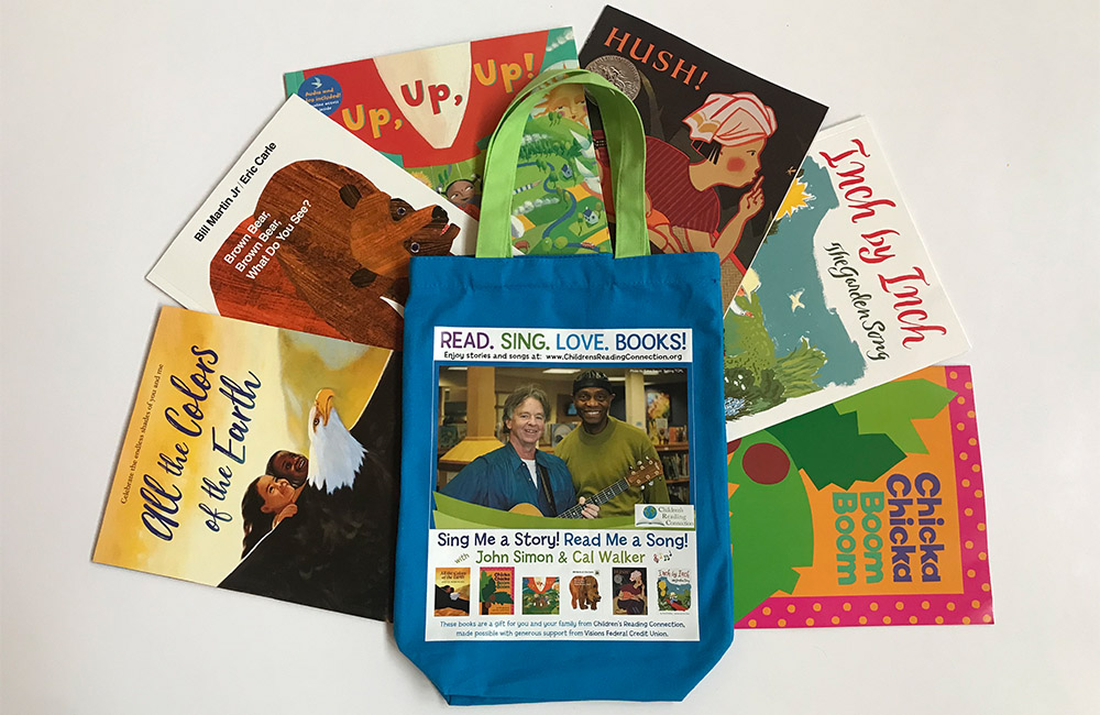 A Children's Reading Connection book bag with six children's books in it.