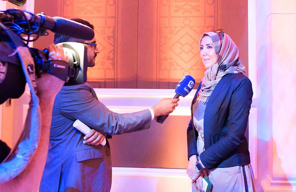 Founder of Conan MedTech, Bayan Alturkestani, is interviewed on camera after winning an award.