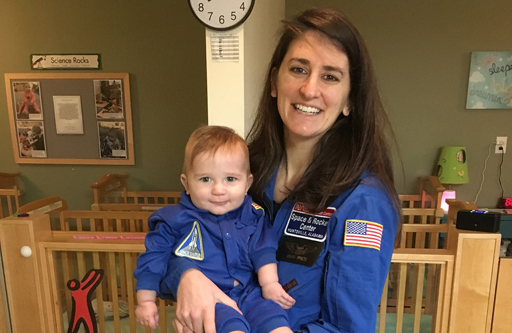 SimpliFed founder Andrea Ippolito pictured with her daughter wearing space suits.