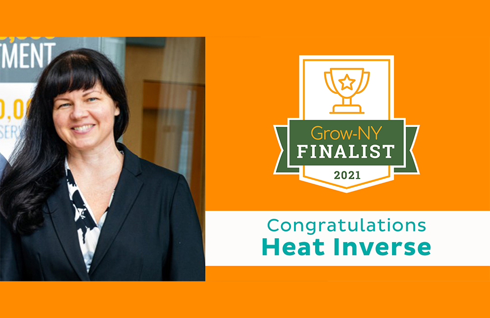 Romy Fain, CEO and Founder of Heat Inverse with text: "Grow-NY Finalist 2021. Congratulations Heat Inverse."