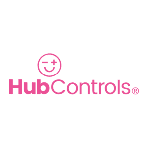 Hub Controls logo with pink smiley face winking with one eye as a minus sign and one as a plus sign