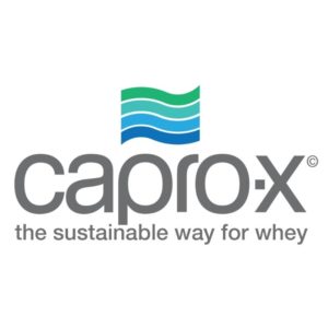 Capro-X logo featuring waved lines in varying shades of green and blue and the tagline "the sustainable way for whey"