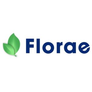 Florae logo featuring the company name in deep blue and two overlapping graphics of green leaves