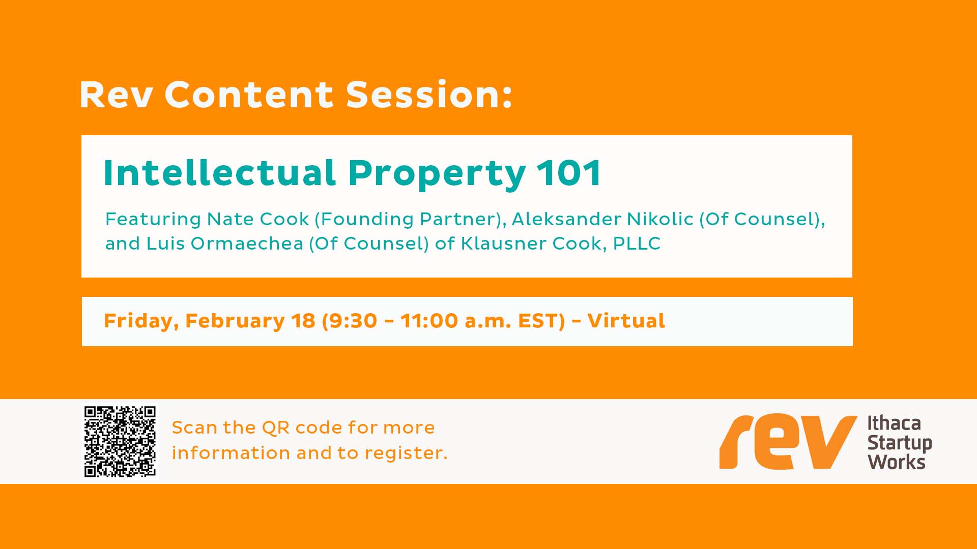 Rev Content Session: Intellectual Property 101. Featuring Nate Cook (Founding Partner), Aleksander Nikolic (Of Counsel), and Luis Ormaechea (Of Counsel) of Klausner Cook, PLLS.