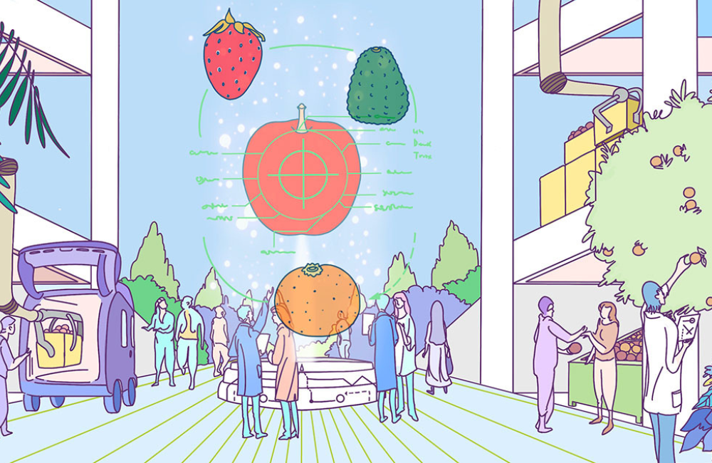 a pastel-colored graphic featuring people picking/collecting fruit