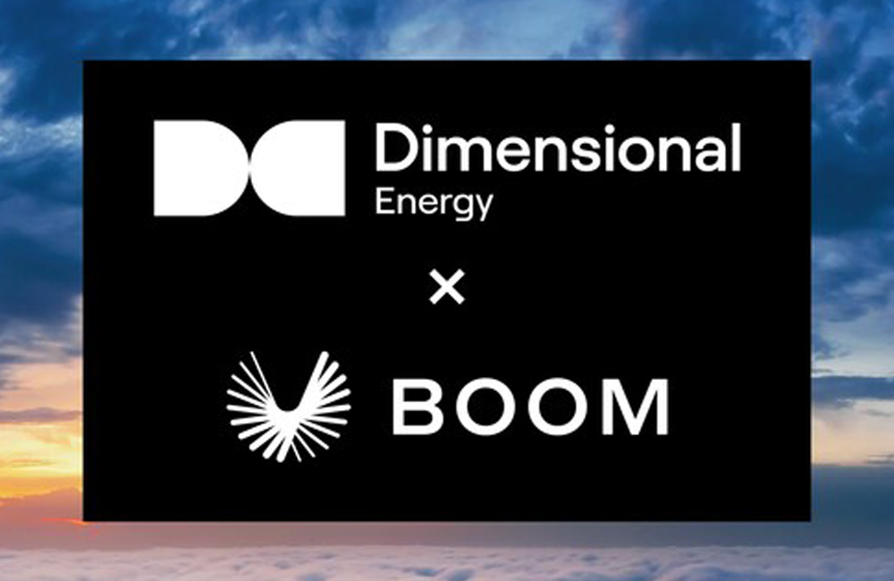 Graphic with sunset background and block that shows company logos and reads Dimensional Energy x Boom