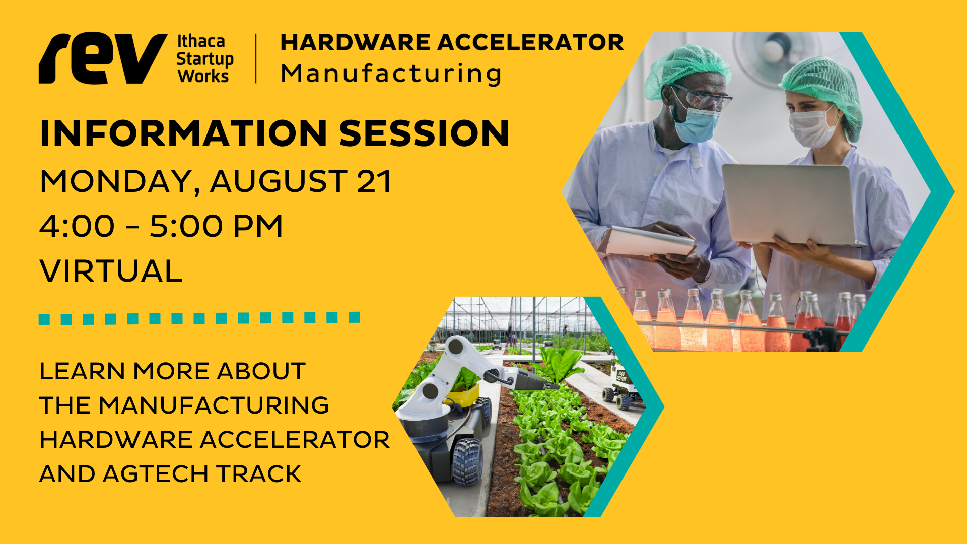 Graphic for August 21st Rev Manufacturing Hardware Accelerator Information Session.