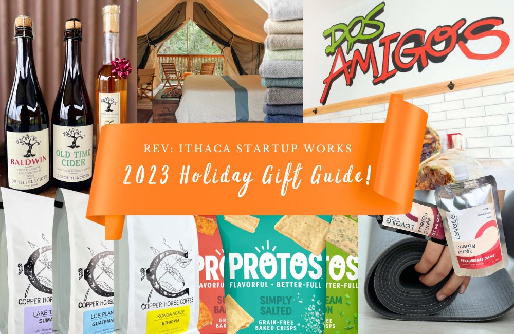 A variety of Rev member products behind a ribbon that says "2023 Rev Holiday Gift Guide"