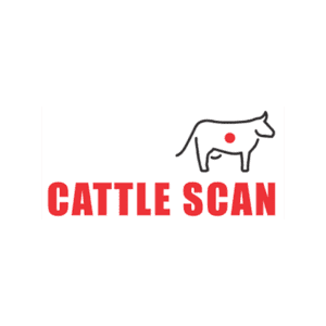 A logo for the company Cattle Scan. Above the words is an illustration of a cow with a red dot on the belly.