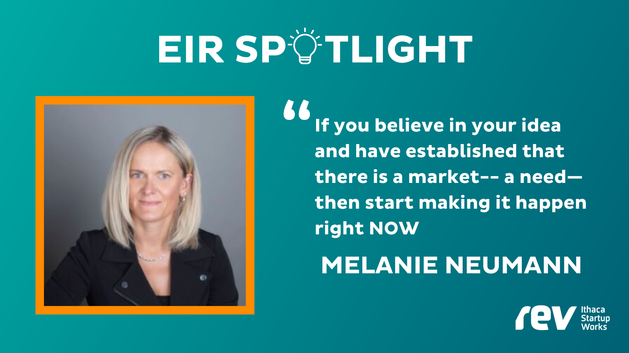 slide with a headshot of Melanie Neumann and a quote from the story