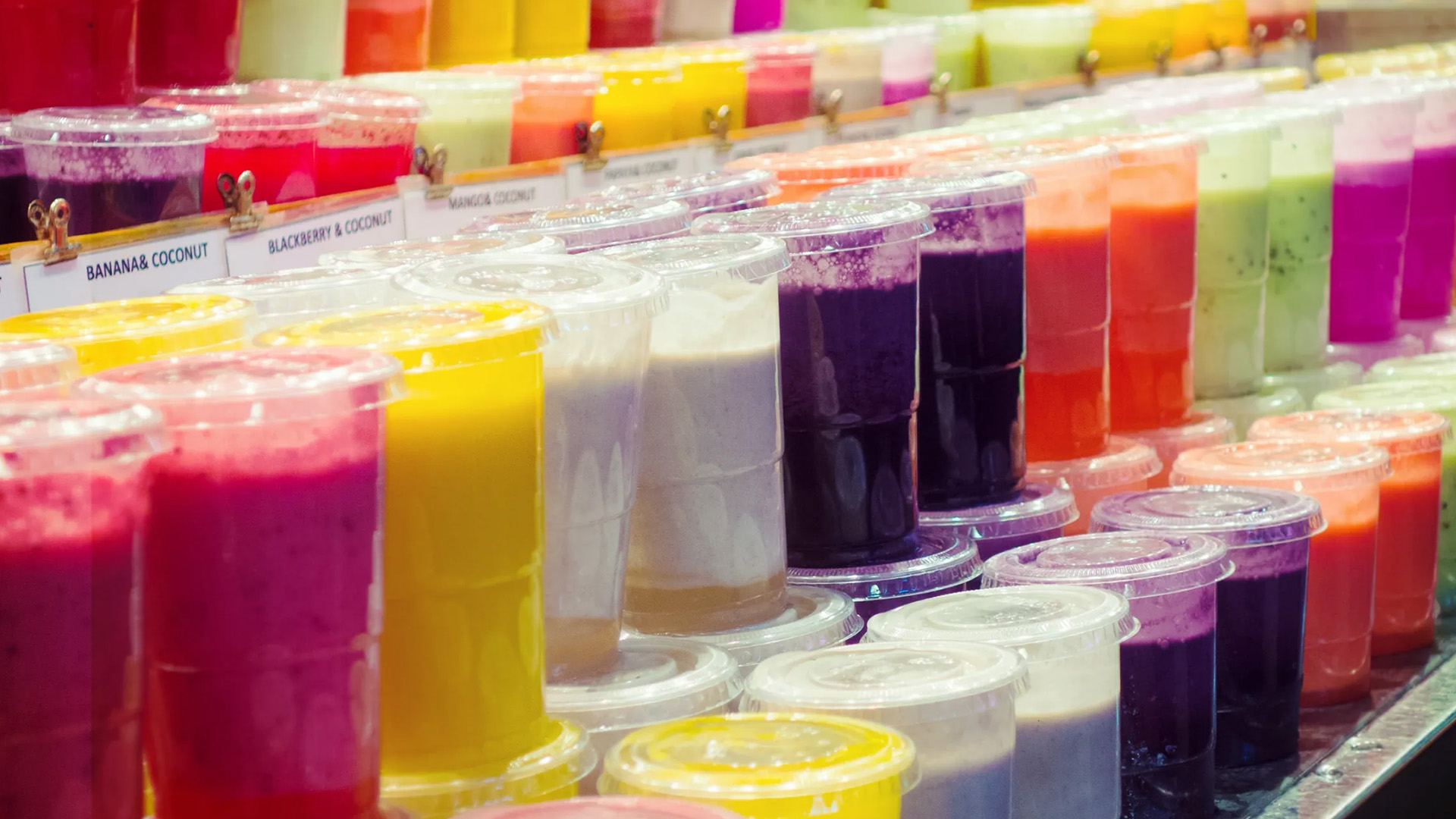 Colorful smoothies lined up for display